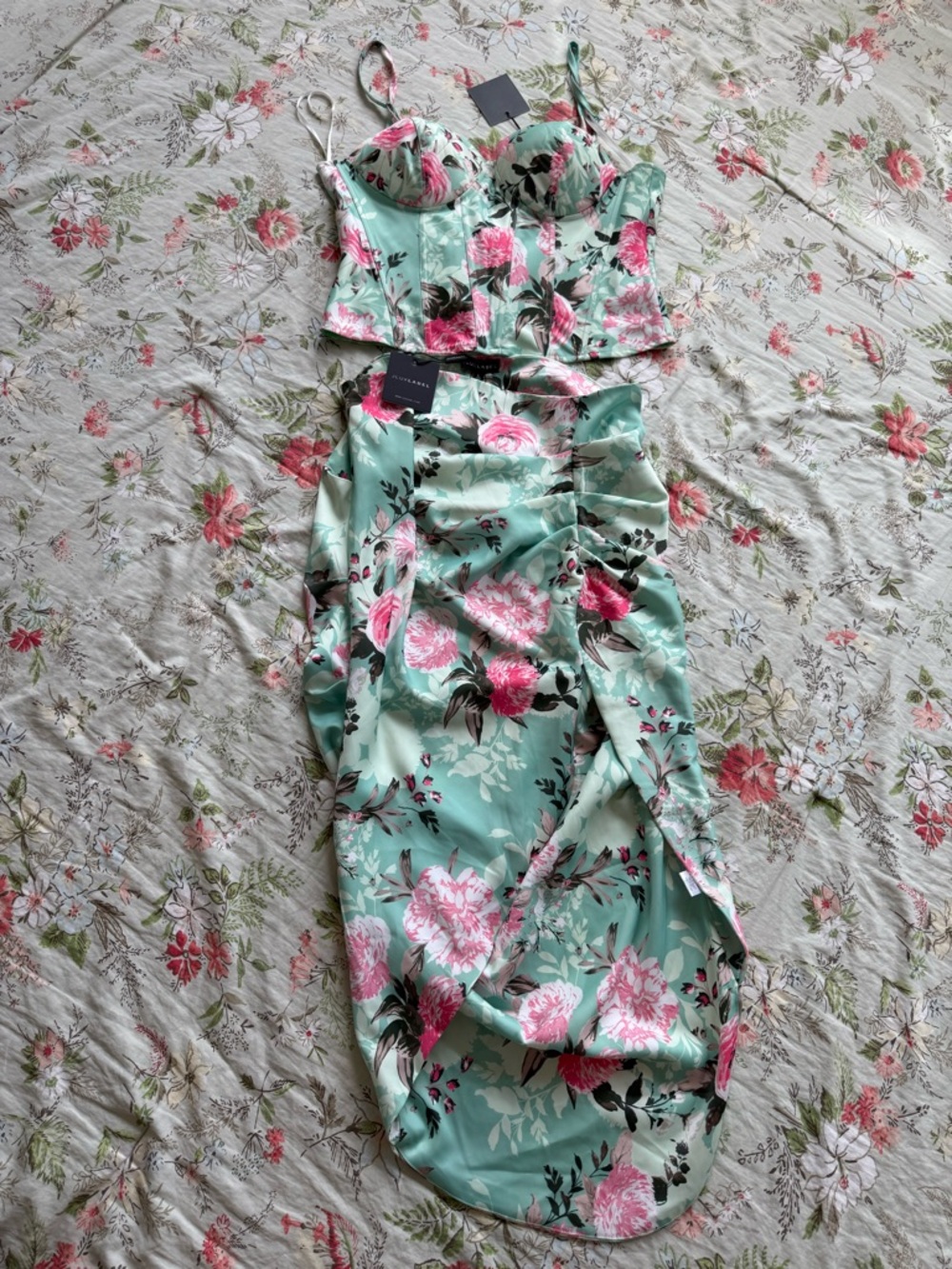 JLUXLABEL Mint Green Floral Bustier Top and Ruched Skirt Set